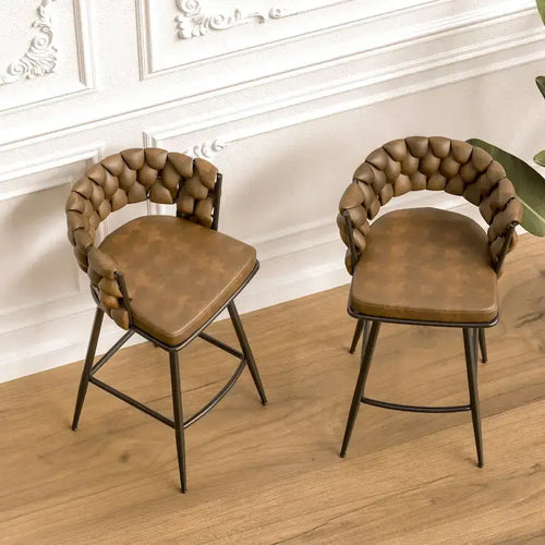2 Tabourets de bar tissés, pieds noirs non réglables, chaises de bar rembourrées pivotantes à 360°, tabouret de comptoir, fauteuils avec dossier et repose-pieds