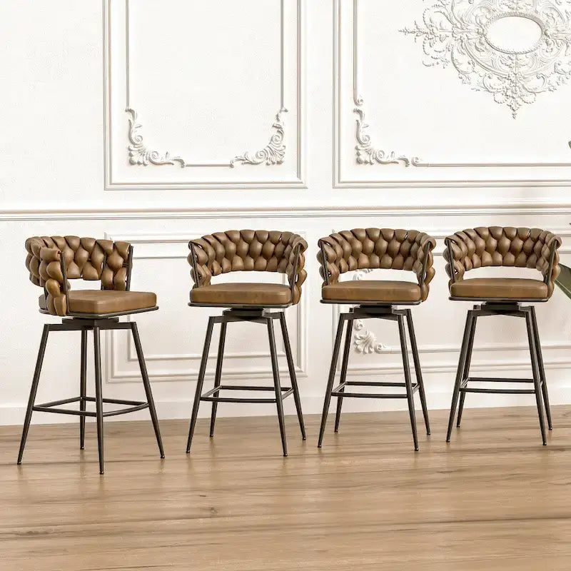 2 Tabourets de bar tissés, pieds noirs non réglables, chaises de bar rembourrées pivotantes à 360°, tabouret de comptoir, fauteuils avec dossier et repose-pieds