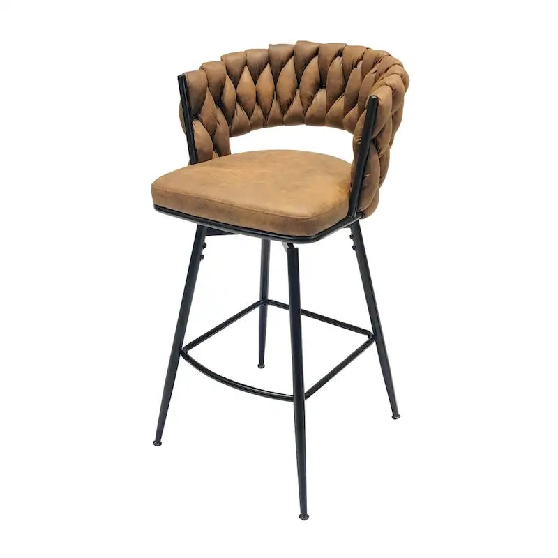 2 Tabourets de bar tissés, pieds noirs non réglables, chaises de bar rembourrées pivotantes à 360°, tabouret de comptoir, fauteuils avec dossier et repose-pieds