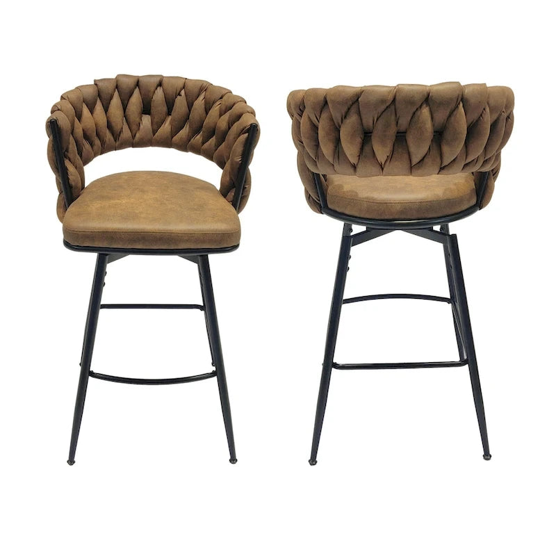 2 Tabourets de bar tissés, pieds noirs non réglables, chaises de bar rembourrées pivotantes à 360°, tabouret de comptoir, fauteuils avec dossier et repose-pieds