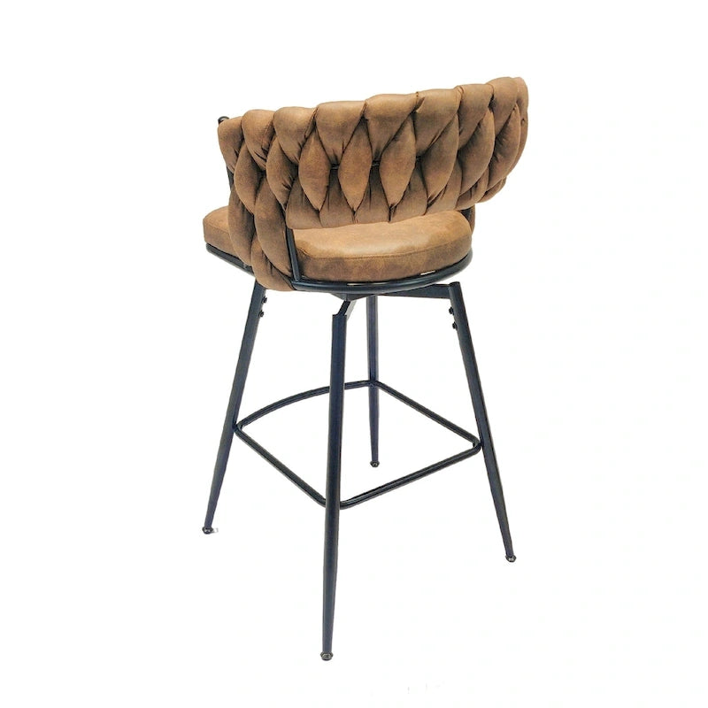 2 Tabourets de bar tissés, pieds noirs non réglables, chaises de bar rembourrées pivotantes à 360°, tabouret de comptoir, fauteuils avec dossier et repose-pieds