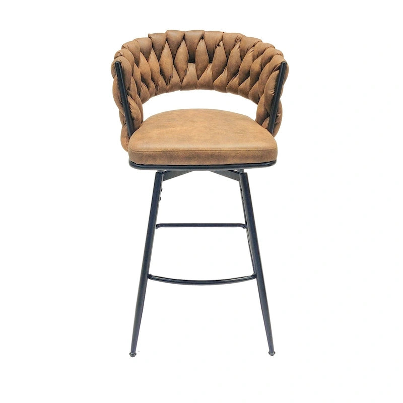 2 Tabourets de bar tissés, pieds noirs non réglables, chaises de bar rembourrées pivotantes à 360°, tabouret de comptoir, fauteuils avec dossier et repose-pieds