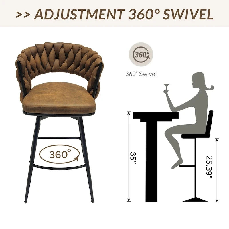 2 Tabourets de bar tissés, pieds noirs non réglables, chaises de bar rembourrées pivotantes à 360°, tabouret de comptoir, fauteuils avec dossier et repose-pieds