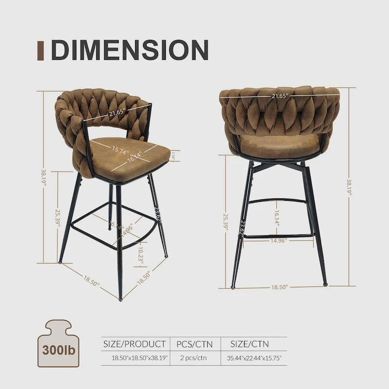 2 Tabourets de bar tissés, pieds noirs non réglables, chaises de bar rembourrées pivotantes à 360°, tabouret de comptoir, fauteuils avec dossier et repose-pieds