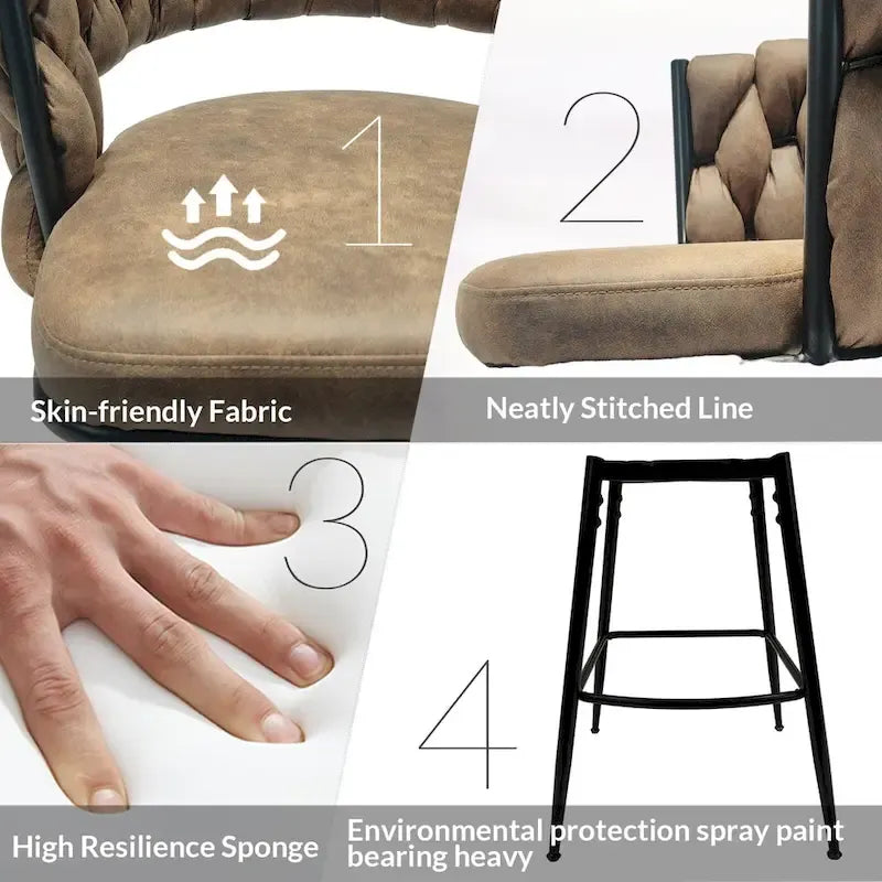 2 Tabourets de bar tissés, pieds noirs non réglables, chaises de bar rembourrées pivotantes à 360°, tabouret de comptoir, fauteuils avec dossier et repose-pieds