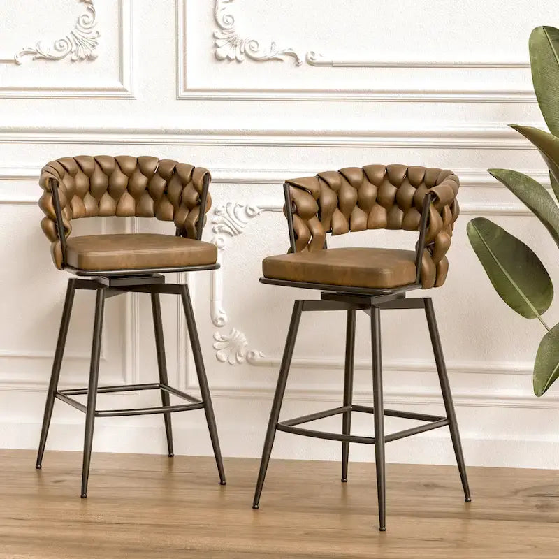 2 Tabourets de bar tissés, pieds noirs non réglables, chaises de bar rembourrées pivotantes à 360°, tabouret de comptoir, fauteuils avec dossier et repose-pieds