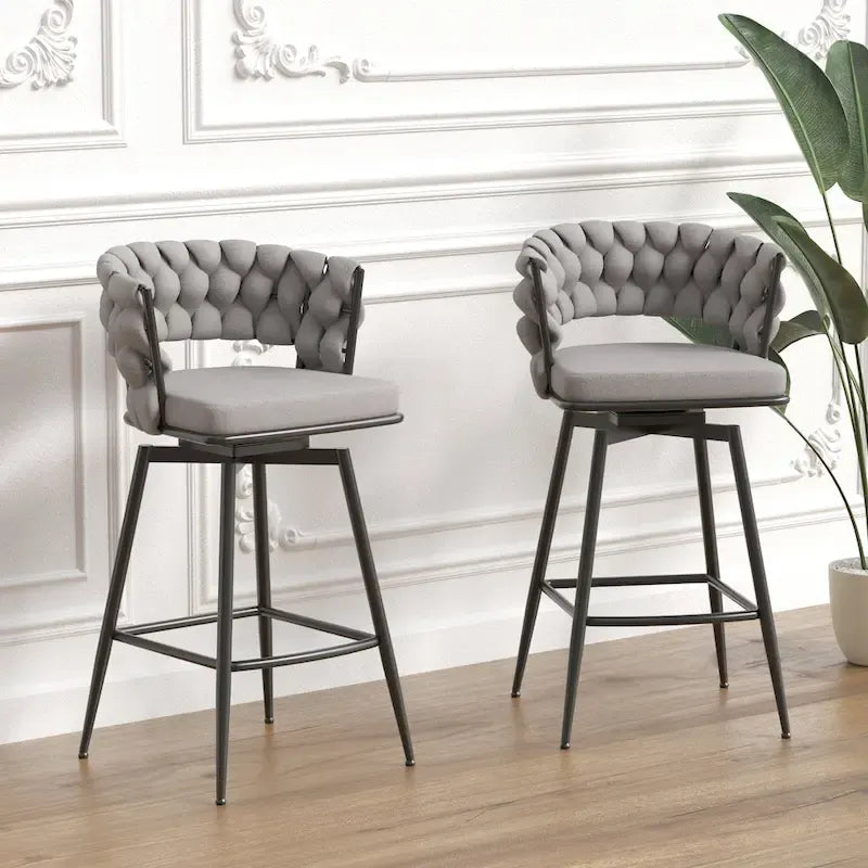 2 Tabourets de bar tissés, pieds noirs non réglables, chaises de bar rembourrées pivotantes à 360°, tabouret de comptoir, fauteuils avec dossier et repose-pieds