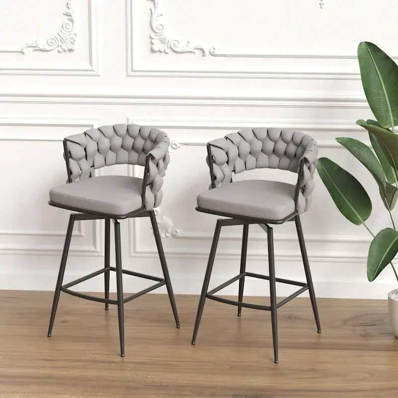 2 Tabourets de bar tissés, pieds noirs non réglables, chaises de bar rembourrées pivotantes à 360°, tabouret de comptoir, fauteuils avec dossier et repose-pieds