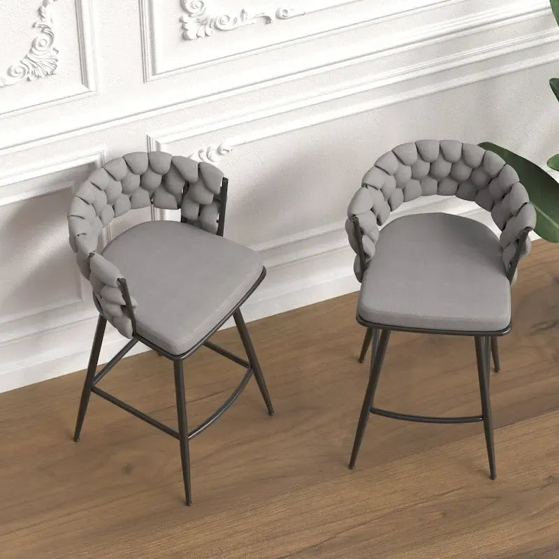 2 Tabourets de bar tissés, pieds noirs non réglables, chaises de bar rembourrées pivotantes à 360°, tabouret de comptoir, fauteuils avec dossier et repose-pieds