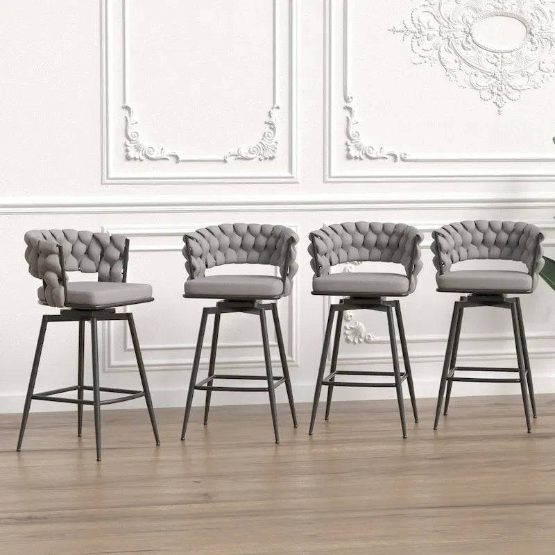 2 Tabourets de bar tissés, pieds noirs non réglables, chaises de bar rembourrées pivotantes à 360°, tabouret de comptoir, fauteuils avec dossier et repose-pieds