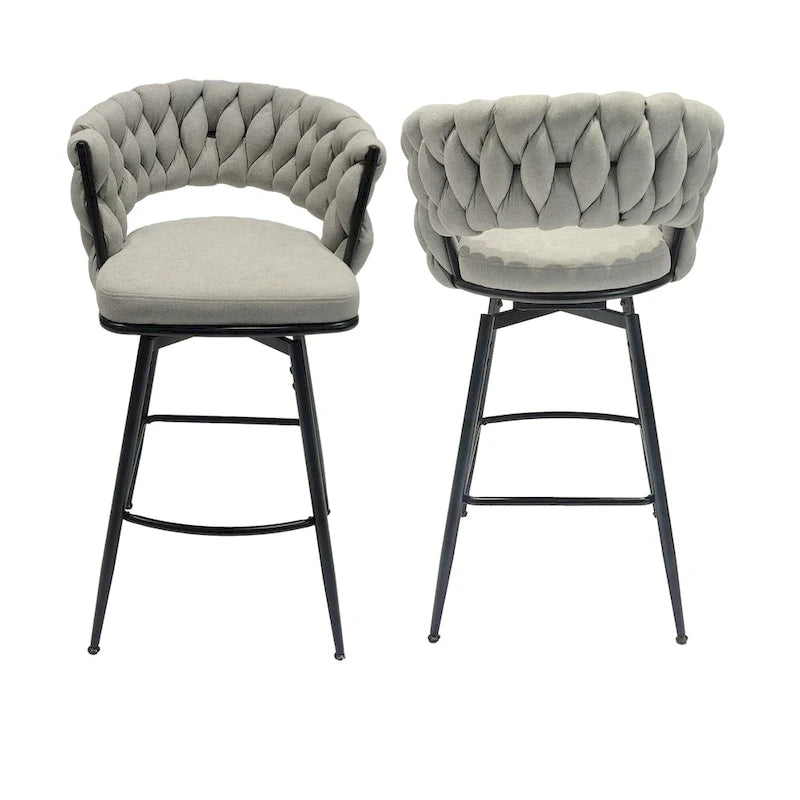 2 Tabourets de bar tissés, pieds noirs non réglables, chaises de bar rembourrées pivotantes à 360°, tabouret de comptoir, fauteuils avec dossier et repose-pieds