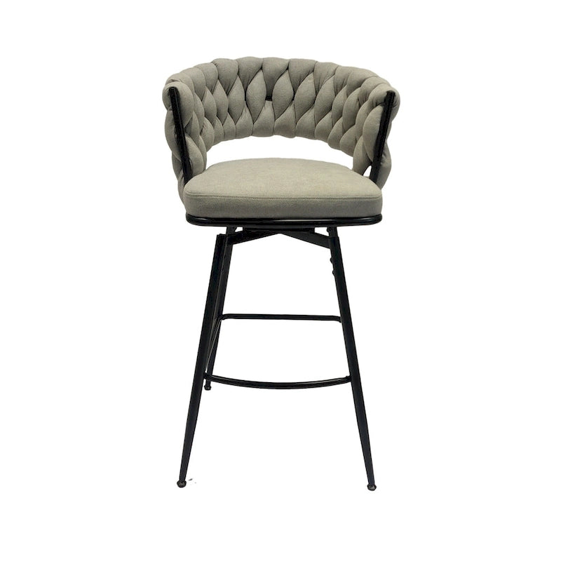 2 Tabourets de bar tissés, pieds noirs non réglables, chaises de bar rembourrées pivotantes à 360°, tabouret de comptoir, fauteuils avec dossier et repose-pieds