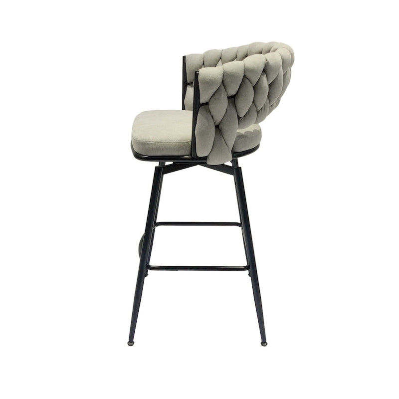 2 Tabourets de bar tissés, pieds noirs non réglables, chaises de bar rembourrées pivotantes à 360°, tabouret de comptoir, fauteuils avec dossier et repose-pieds