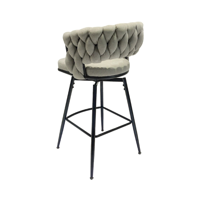 2 Tabourets de bar tissés, pieds noirs non réglables, chaises de bar rembourrées pivotantes à 360°, tabouret de comptoir, fauteuils avec dossier et repose-pieds
