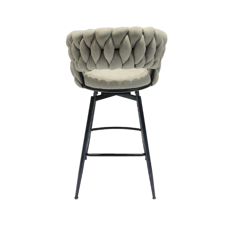 2 Tabourets de bar tissés, pieds noirs non réglables, chaises de bar rembourrées pivotantes à 360°, tabouret de comptoir, fauteuils avec dossier et repose-pieds