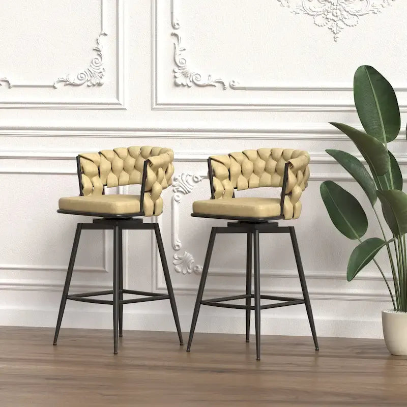2 Tabourets de bar tissés, pieds noirs non réglables, chaises de bar rembourrées pivotantes à 360°, tabouret de comptoir, fauteuils avec dossier et repose-pieds