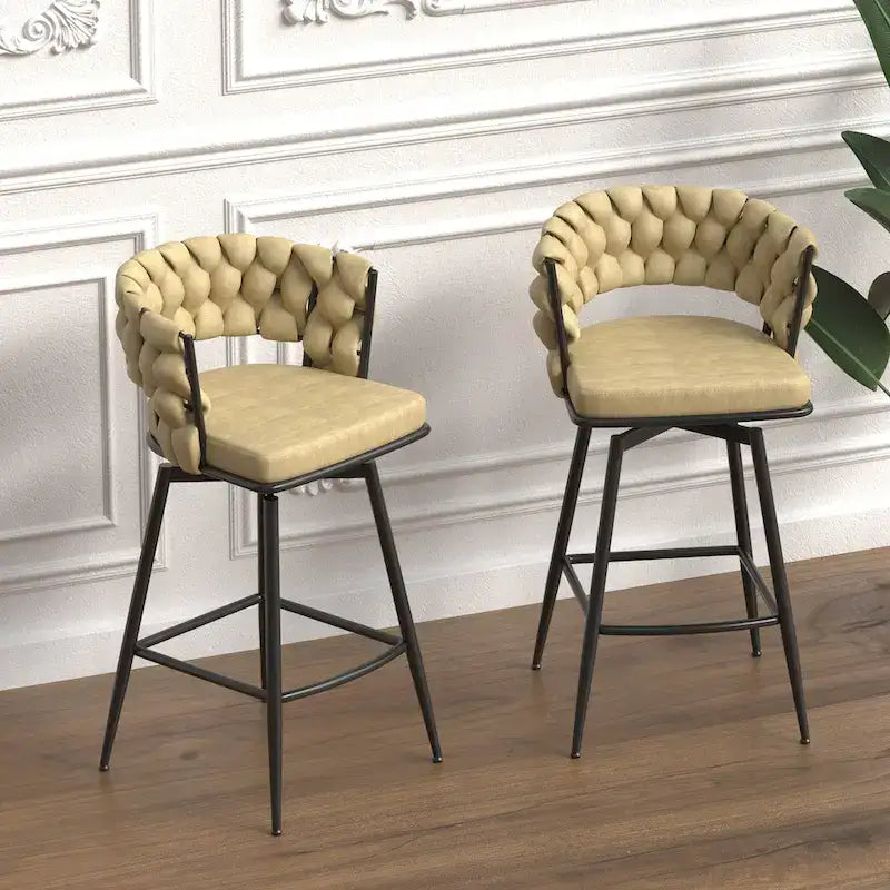 2 Tabourets de bar tissés, pieds noirs non réglables, chaises de bar rembourrées pivotantes à 360°, tabouret de comptoir, fauteuils avec dossier et repose-pieds