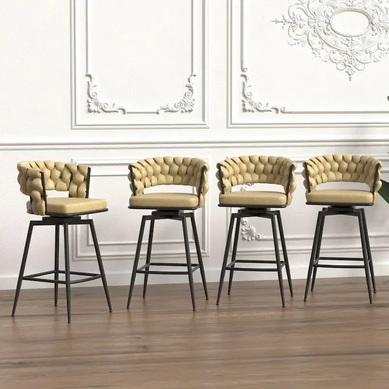 2 Tabourets de bar tissés, pieds noirs non réglables, chaises de bar rembourrées pivotantes à 360°, tabouret de comptoir, fauteuils avec dossier et repose-pieds