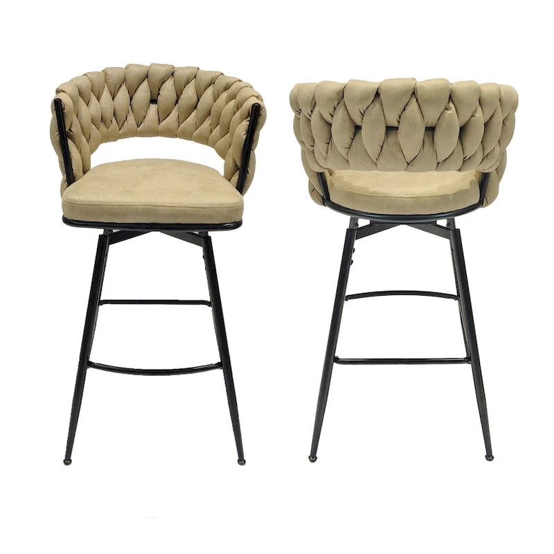 2 Tabourets de bar tissés, pieds noirs non réglables, chaises de bar rembourrées pivotantes à 360°, tabouret de comptoir, fauteuils avec dossier et repose-pieds