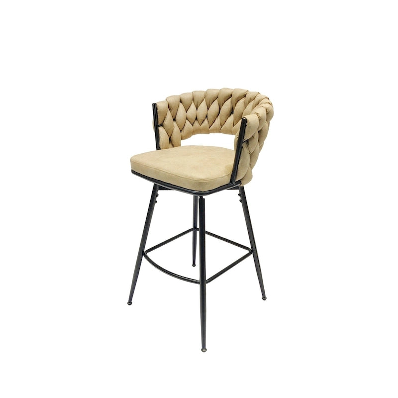 2 Tabourets de bar tissés, pieds noirs non réglables, chaises de bar rembourrées pivotantes à 360°, tabouret de comptoir, fauteuils avec dossier et repose-pieds