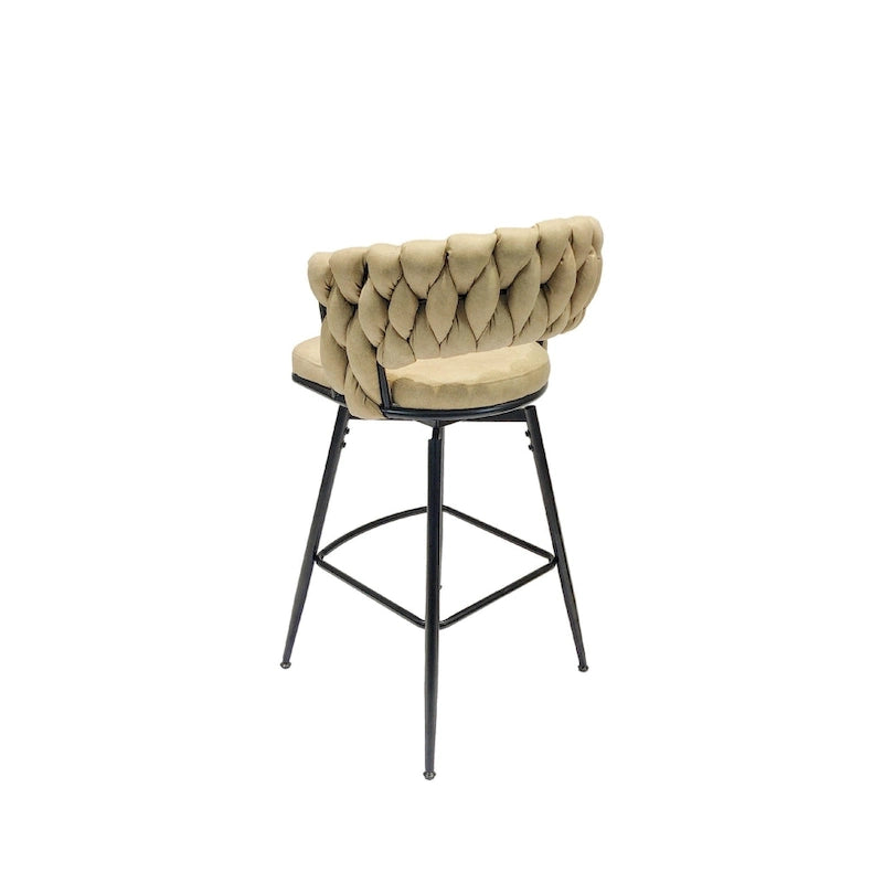 2 Tabourets de bar tissés, pieds noirs non réglables, chaises de bar rembourrées pivotantes à 360°, tabouret de comptoir, fauteuils avec dossier et repose-pieds