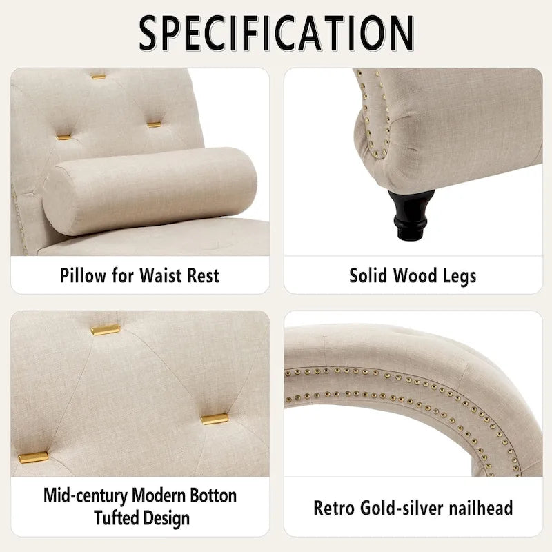 Chaise longue d'intérieur, inclinable, de loisir, pour salon, sans accoudoirs, avec oreiller lombaire pour chambre à coucher