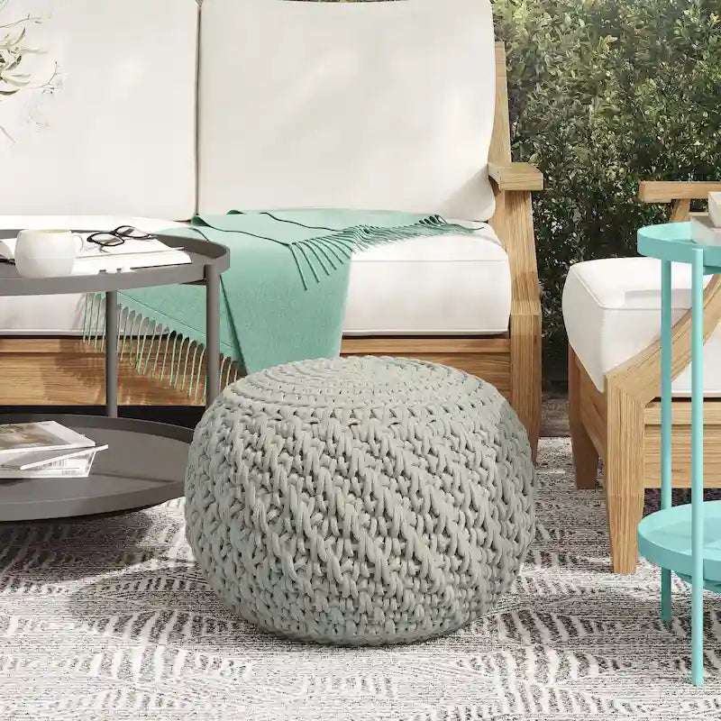 Pouf tricoté rond extérieur/intérieur – Polyester recyclé gris clair