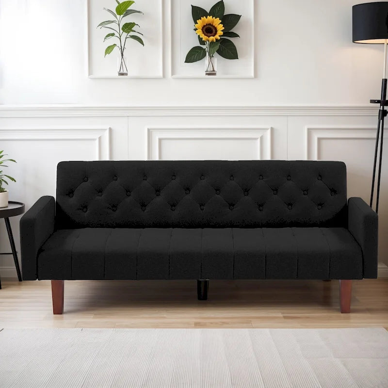 Canapé-lit futon en velours 74, Dossier réglable, Causeuse convertible avec pieds en bois fuselés pour petits espaces