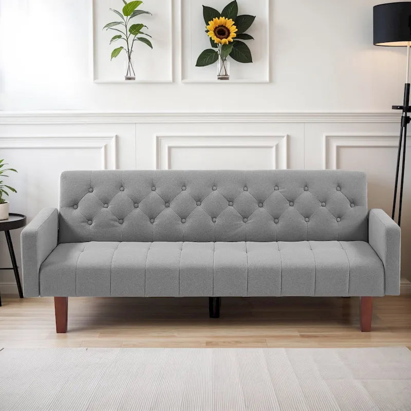Canapé-lit futon en velours 74, Dossier réglable, Causeuse convertible avec pieds en bois fuselés pour petits espaces