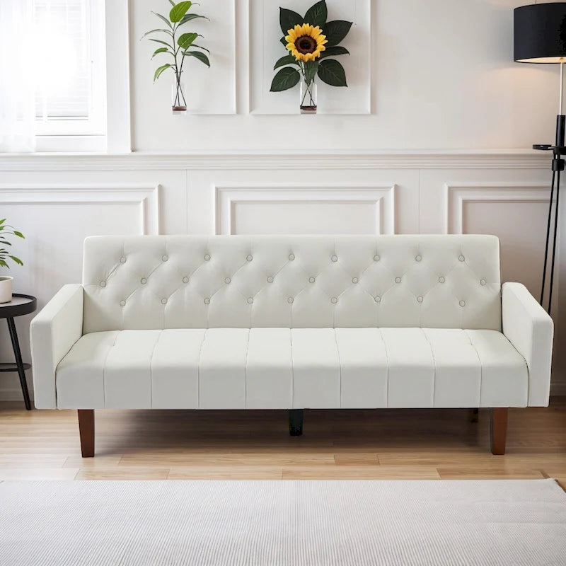 Canapé-lit futon en velours 74, Dossier réglable, Causeuse convertible avec pieds en bois fuselés pour petits espaces