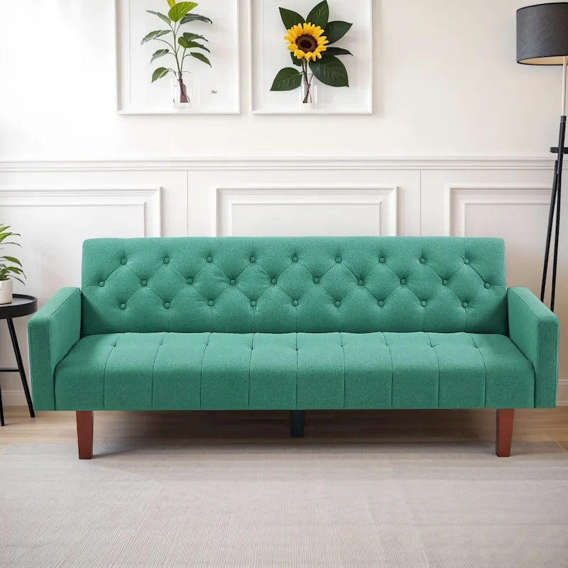 Canapé-lit futon en velours 74, Dossier réglable, Causeuse convertible avec pieds en bois fuselés pour petits espaces