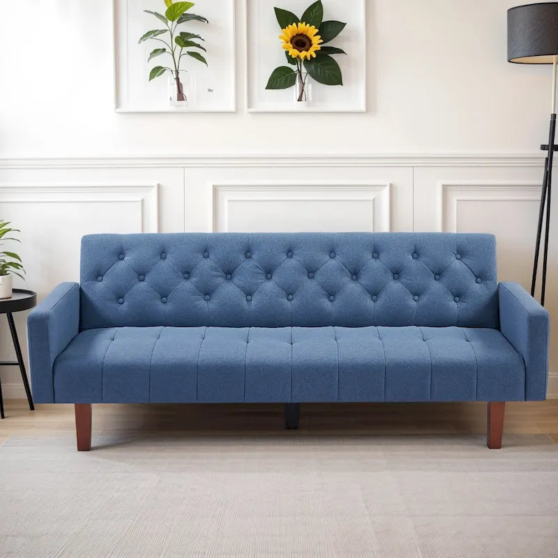 Canapé-lit futon en velours 74, Dossier réglable, Causeuse convertible avec pieds en bois fuselés pour petits espaces