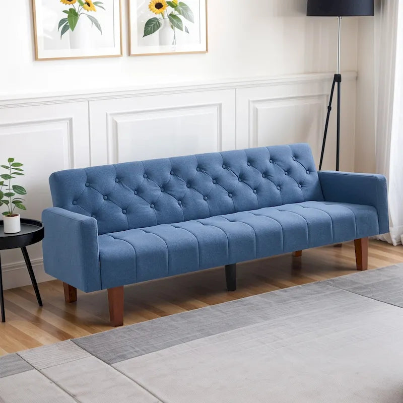 Canapé-lit futon en velours 74, Dossier réglable, Causeuse convertible avec pieds en bois fuselés pour petits espaces