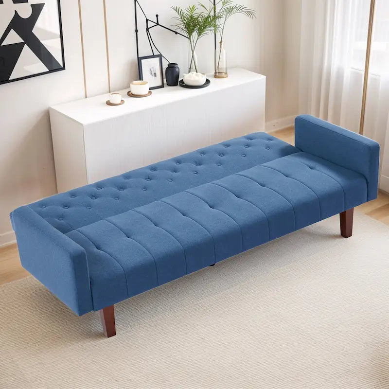 Canapé-lit futon en velours 74, Dossier réglable, Causeuse convertible avec pieds en bois fuselés pour petits espaces