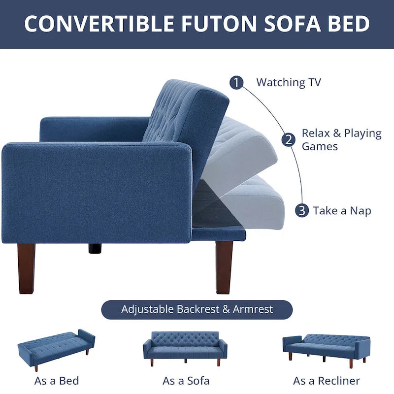 Canapé-lit futon en velours 74, Dossier réglable, Causeuse convertible avec pieds en bois fuselés pour petits espaces
