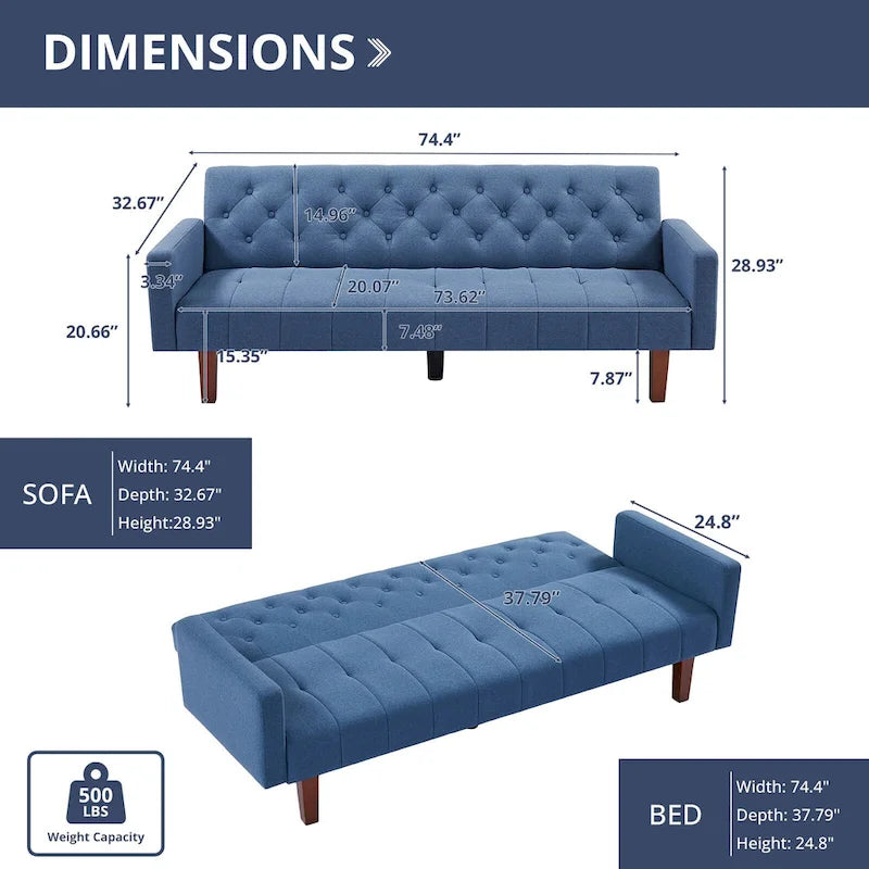 Canapé-lit futon en velours 74, Dossier réglable, Causeuse convertible avec pieds en bois fuselés pour petits espaces