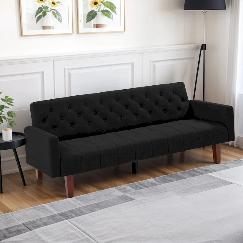 Canapé-lit futon en velours 74, Dossier réglable, Causeuse convertible avec pieds en bois fuselés pour petits espaces