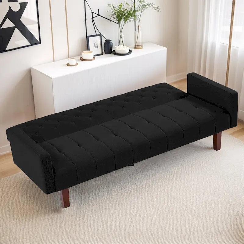 Canapé-lit futon en velours 74, Dossier réglable, Causeuse convertible avec pieds en bois fuselés pour petits espaces