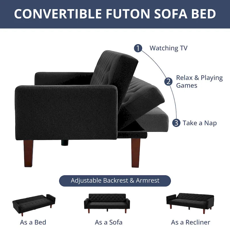 Canapé-lit futon en velours 74, Dossier réglable, Causeuse convertible avec pieds en bois fuselés pour petits espaces
