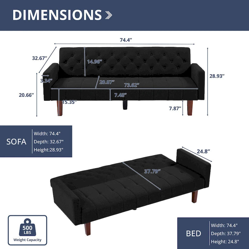 Canapé-lit futon en velours 74, Dossier réglable, Causeuse convertible avec pieds en bois fuselés pour petits espaces
