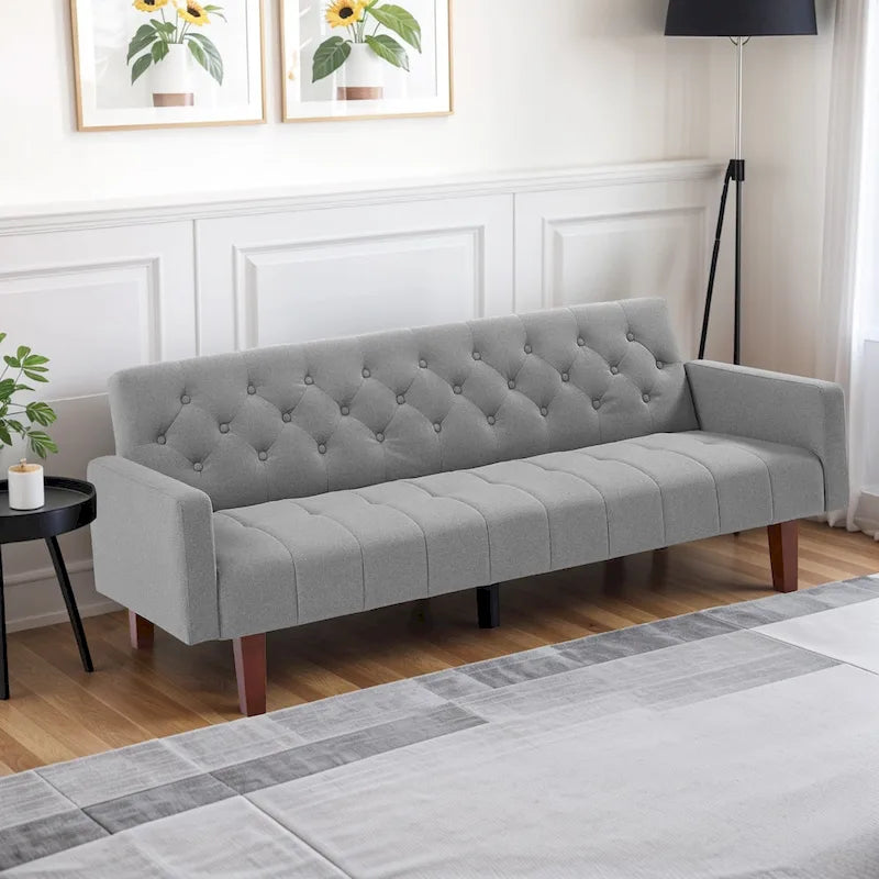 Canapé-lit futon en velours 74, Dossier réglable, Causeuse convertible avec pieds en bois fuselés pour petits espaces