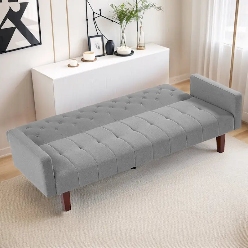 Canapé-lit futon en velours 74, Dossier réglable, Causeuse convertible avec pieds en bois fuselés pour petits espaces