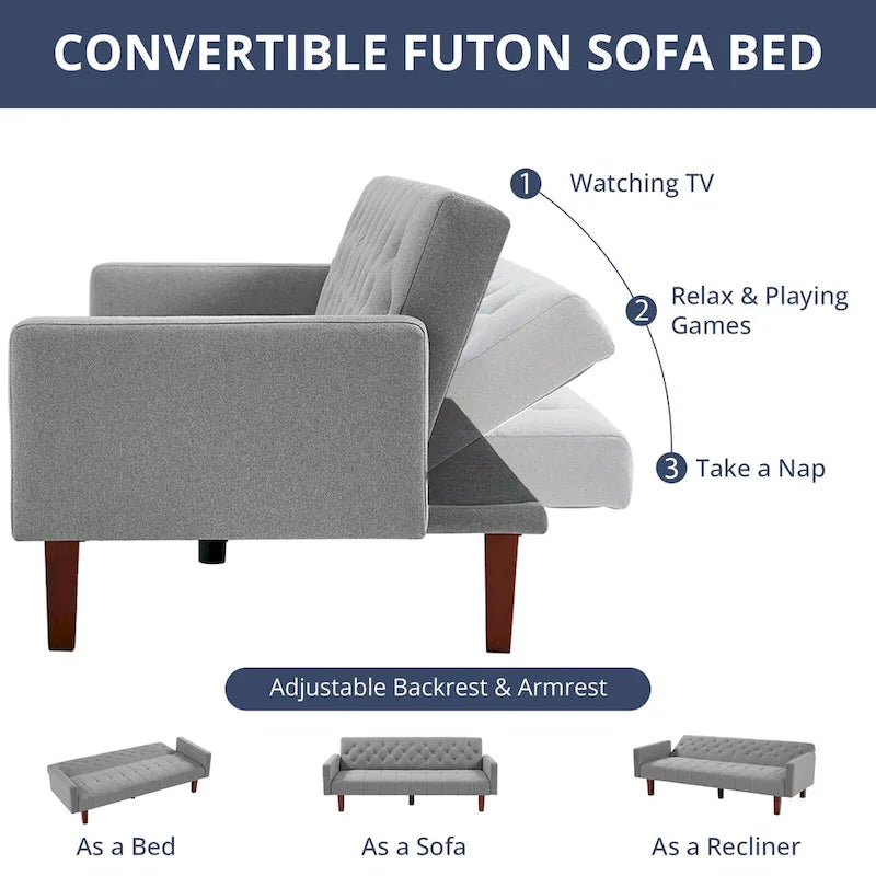 Canapé-lit futon en velours 74, Dossier réglable, Causeuse convertible avec pieds en bois fuselés pour petits espaces