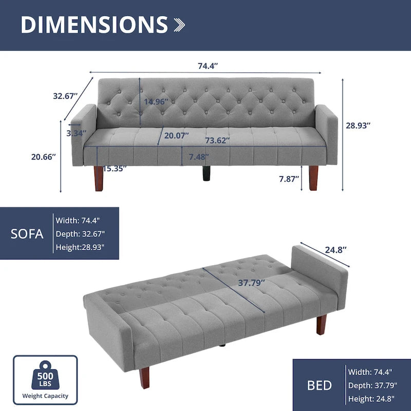 Canapé-lit futon en velours 74, Dossier réglable, Causeuse convertible avec pieds en bois fuselés pour petits espaces