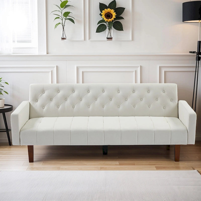 Canapé-lit futon en velours 74, Dossier réglable, Causeuse convertible avec pieds en bois fuselés pour petits espaces