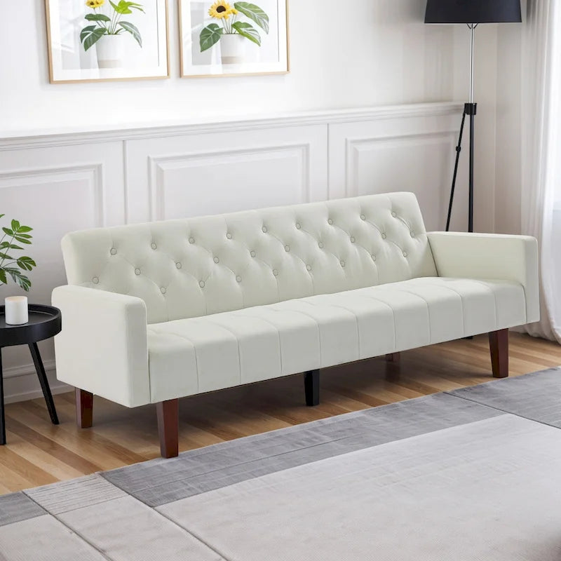 Canapé-lit futon en velours 74, Dossier réglable, Causeuse convertible avec pieds en bois fuselés pour petits espaces