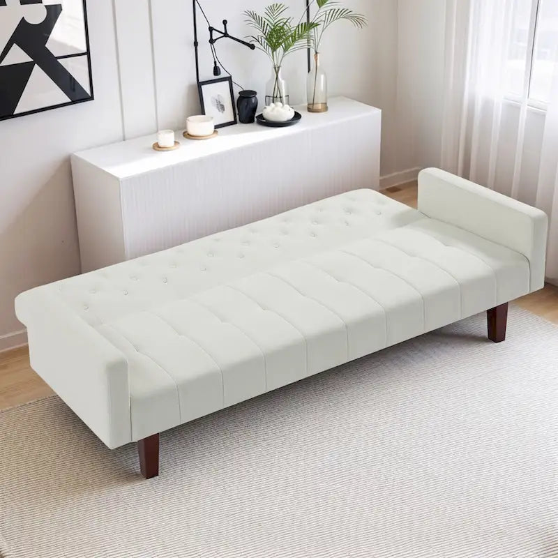 Canapé-lit futon en velours 74, Dossier réglable, Causeuse convertible avec pieds en bois fuselés pour petits espaces