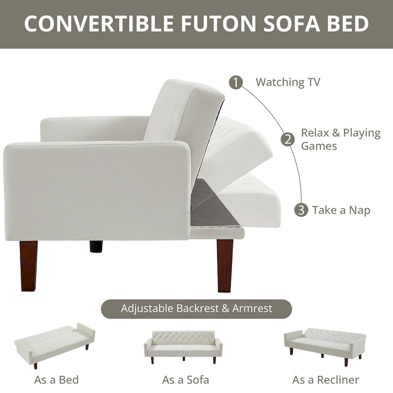 Canapé-lit futon en velours 74, Dossier réglable, Causeuse convertible avec pieds en bois fuselés pour petits espaces