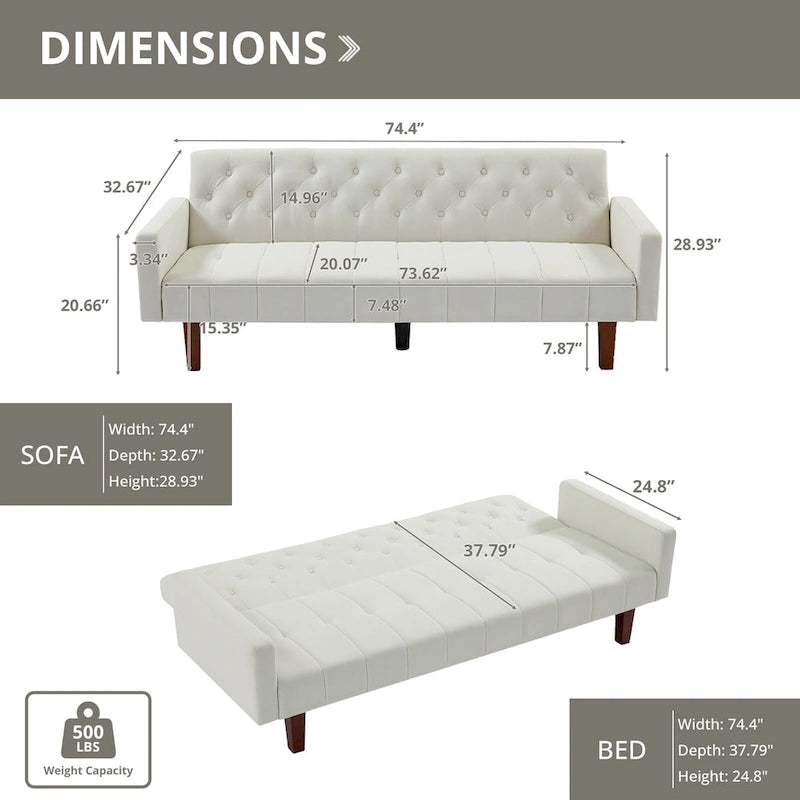 Canapé-lit futon en velours 74, Dossier réglable, Causeuse convertible avec pieds en bois fuselés pour petits espaces