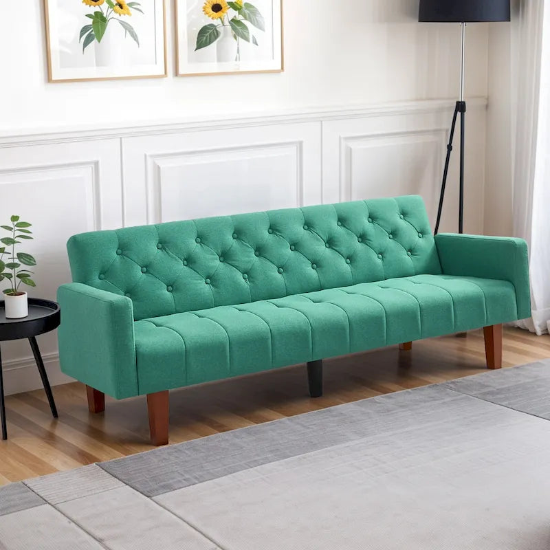 Canapé-lit futon en velours 74, Dossier réglable, Causeuse convertible avec pieds en bois fuselés pour petits espaces